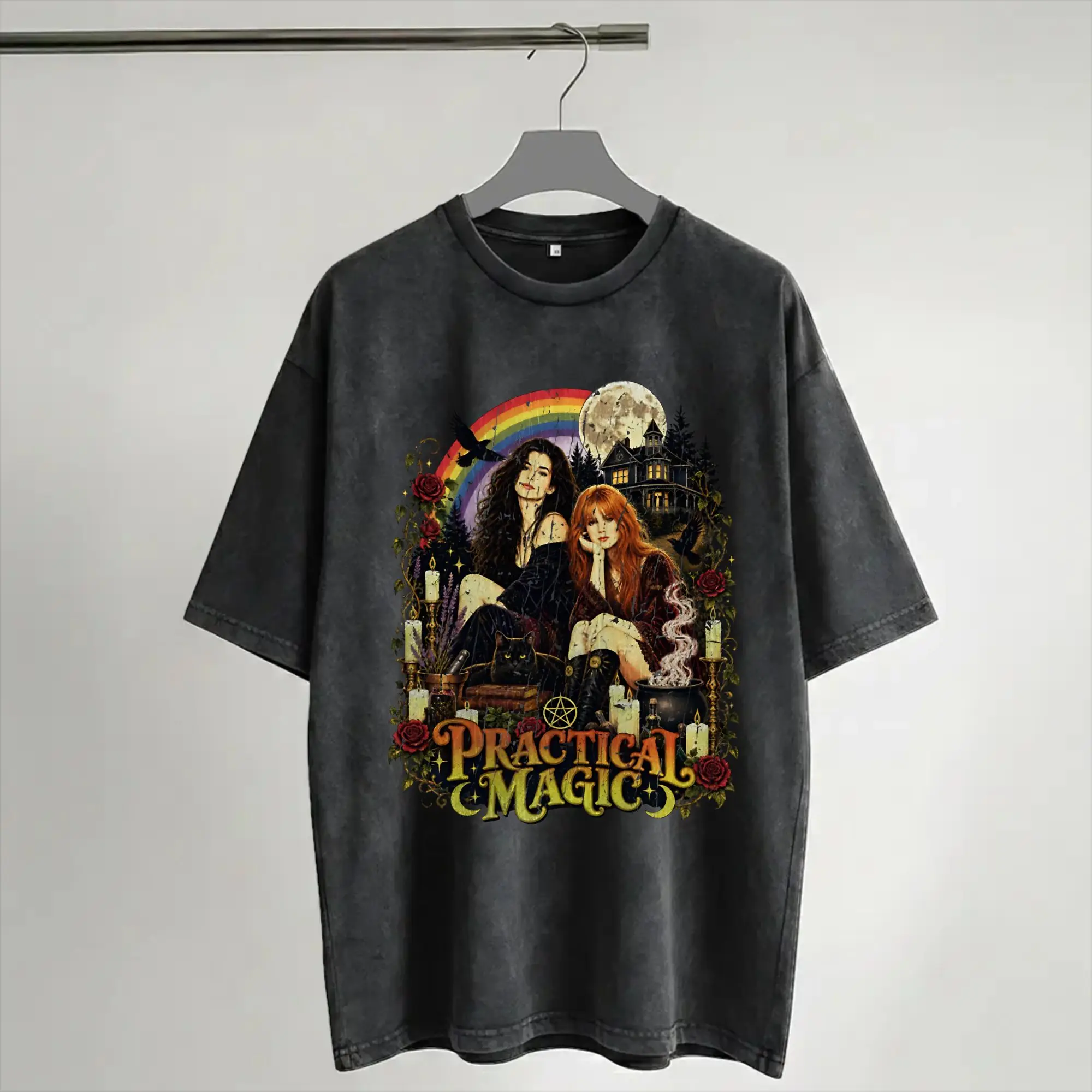 Harajuku Washed Shirts Practical Magic Witchcraft Gothic Halloween Witches Pentagram Accessories Vintage T-Shirts Streetwear