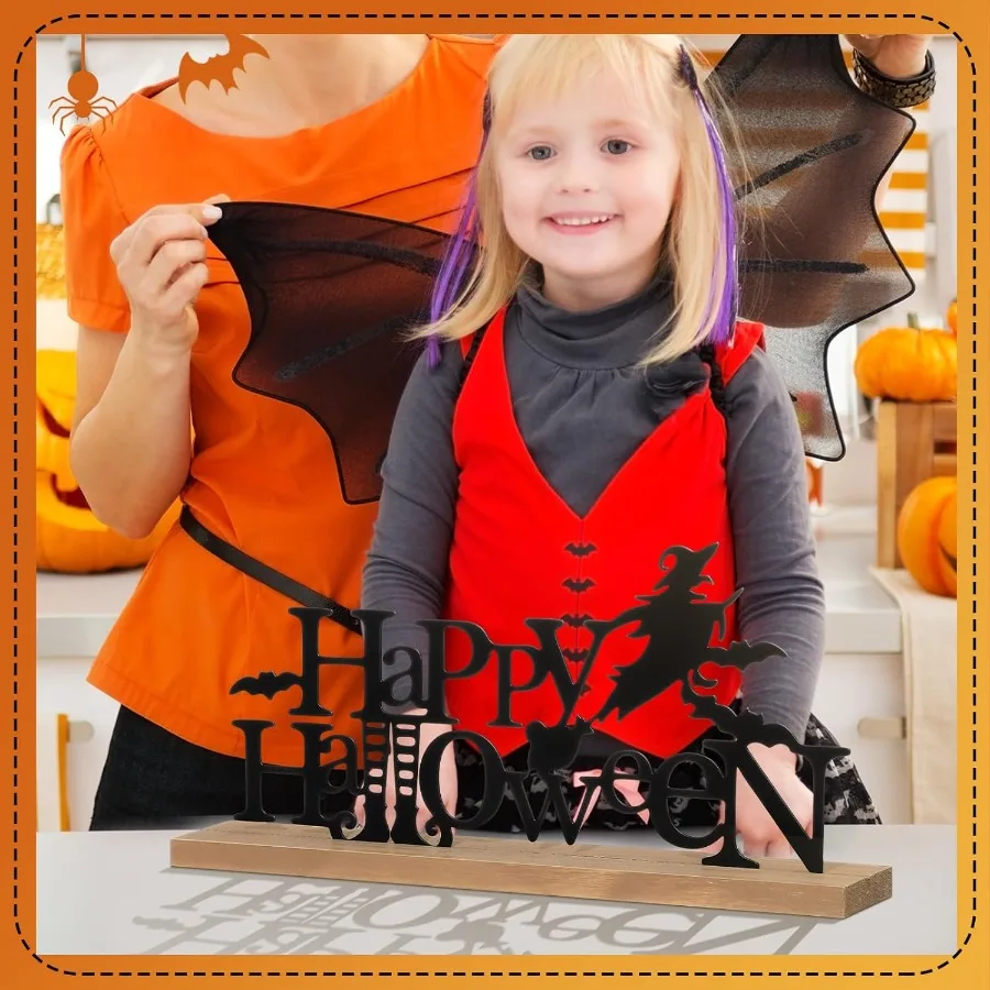 علامة معدنية للهالوين السعيدة من Realspring لتزيين صينية متدرجة للهالوين مع قاعدة خشبية قائمة بذاتها باللون الأسود المخيف على شكل خفاش ساحرة