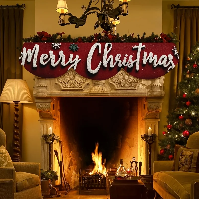 VIKAMA Christmas Fireplace Mantel Scarf Merry Christmas Letter Mantel Topper Xmas Fireplace Shelf Cover Indoor Home Party Decor