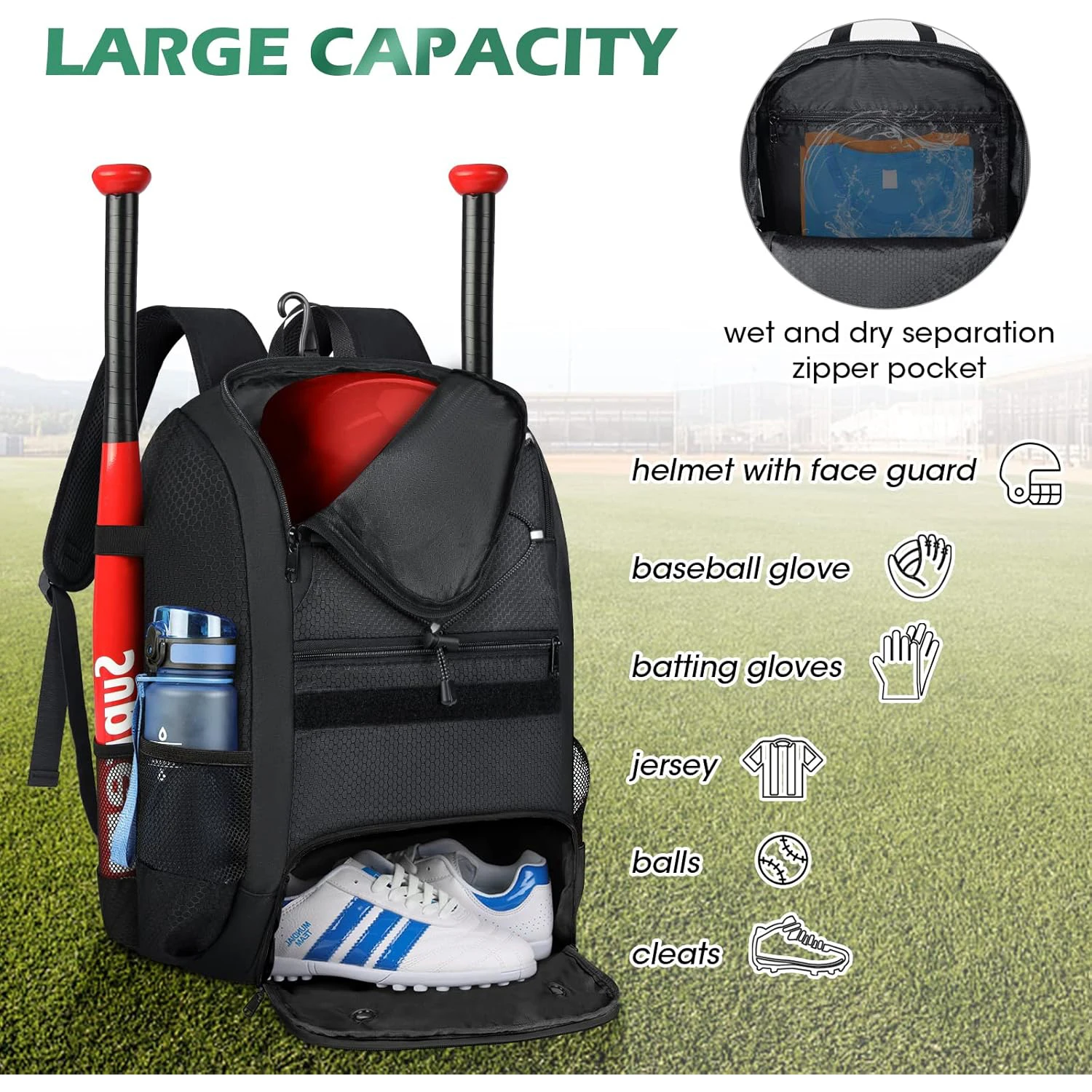 Large capacity Baseball Backpack Lightweight Softball Bat Backpack with Shoe Compartment Softball Bat Bag Softball Equipment