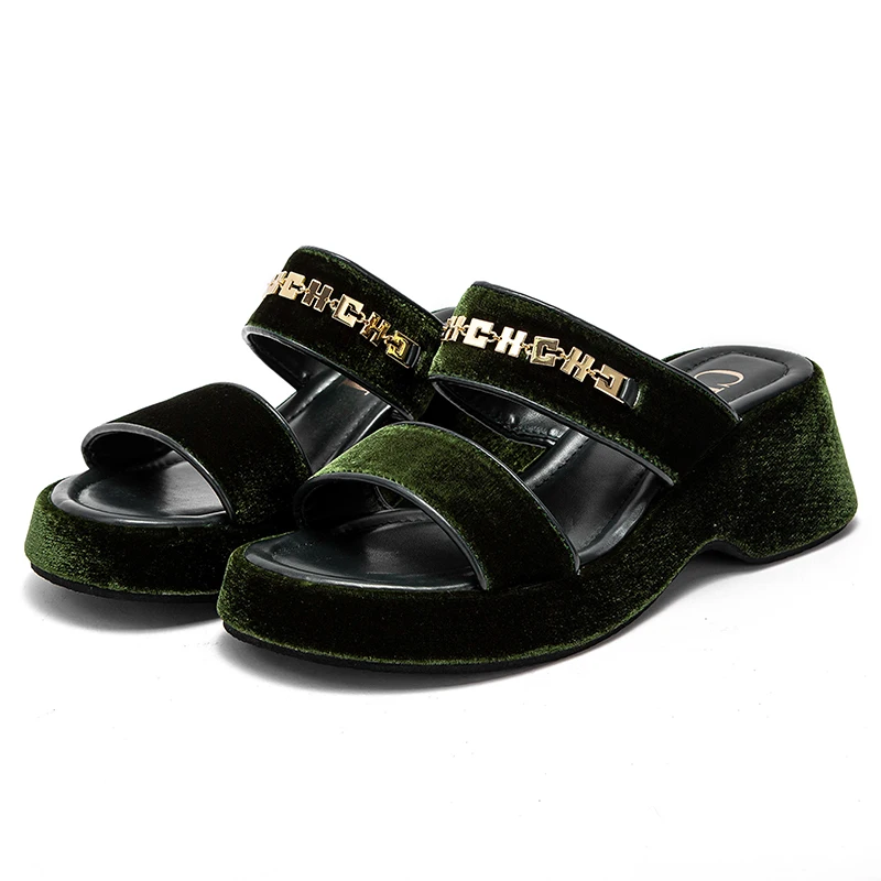 Women's Shoes New Fashion Round Head Square with Design Female Sandals Vintage Senior Elegant Dark Green Ladies Outside Slippers