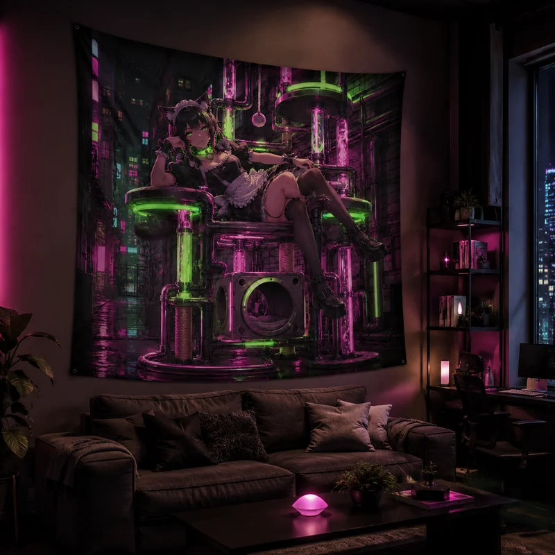 VIKAMA Dark Neon Cyber Cat Maid Tapestry, Cool Cat Girl Mechanical Wall Hanging, Esports Dorm Photo Background, Home Decor