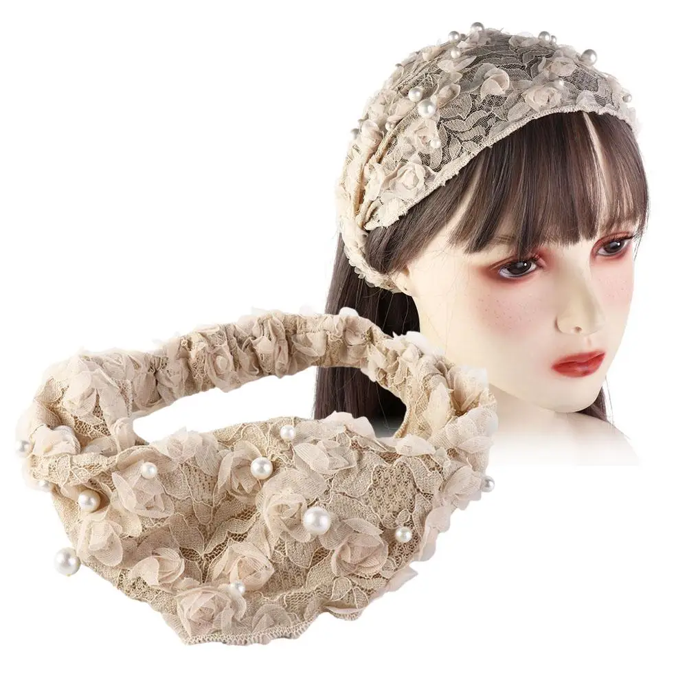 

Headwear Elegant Wash Face For Girls Pearl Mesh Lace Headband Women Hairbands Flower Korean Head Wrap