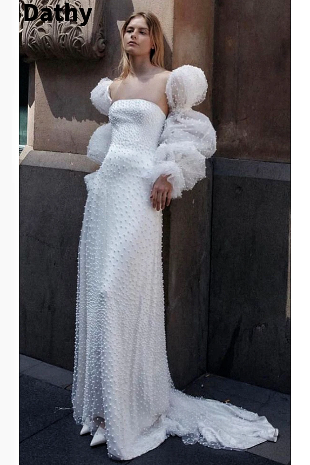 Dathy Pearl Diamond Long Sleeve Wedding Dress Luxury Square Neck Tulle Long Dress Wedding Dress Princess Dress Women's Prom