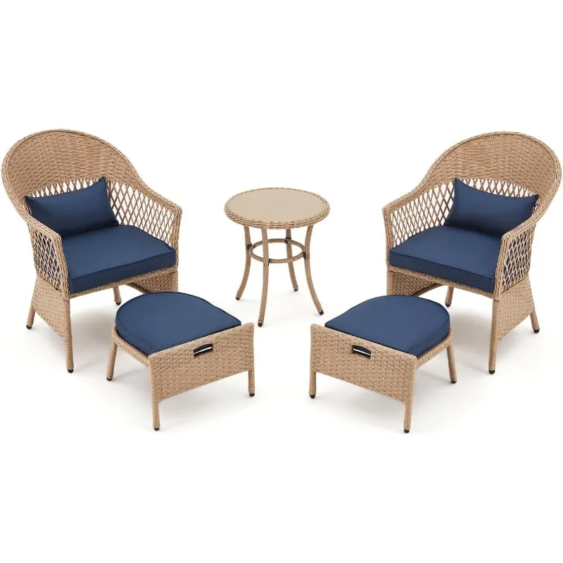 AVAWING 5 Pieces Patio Furniture Set, Outdoor Rattan Chairs with Round Glass Coffee Table, Ottomans & Soft Cushions,