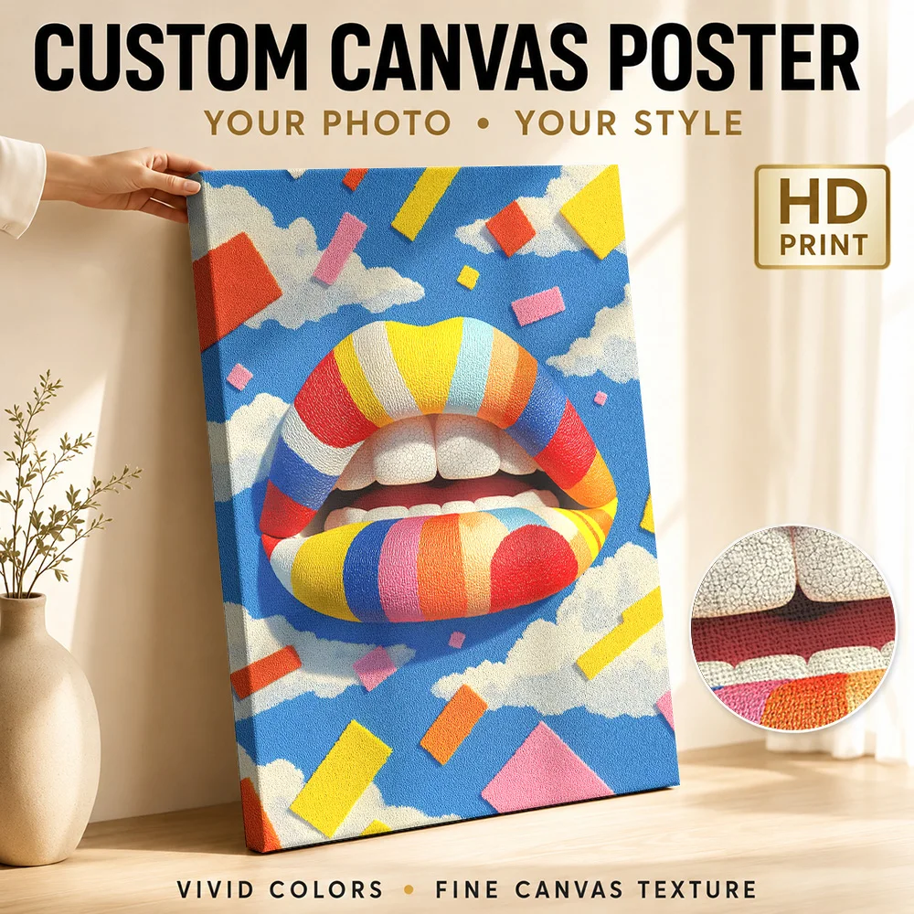 Rainbow Lips with Clouds and Confetti Framed Canvas Poster Customized Modern Aesthetic Wall Art for Office Decor Ready to Hang