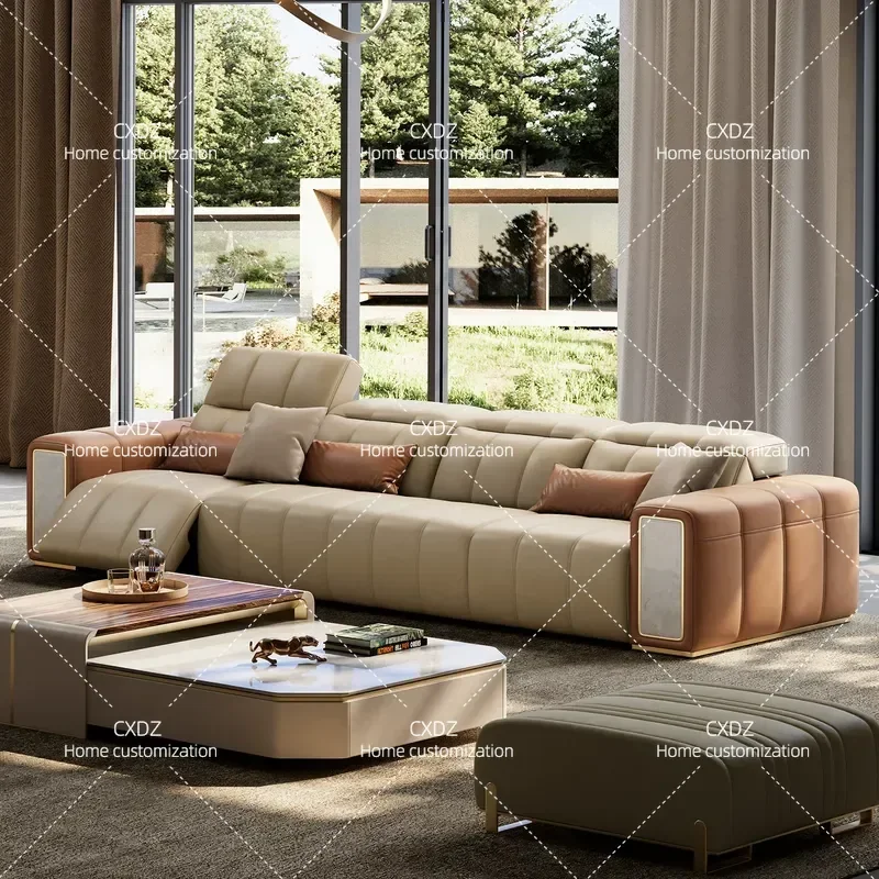 Light Luxury Electric Recliner Sofa Large Flat Leather Couch for Living Room Straight Row Multi Functional All Leather