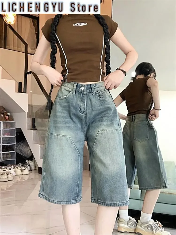

Summer Street Women's Regular Cropped Jeans Cool Girl Wide Leg Denim Shorts Female High Waist Loose Retro Capris Pants