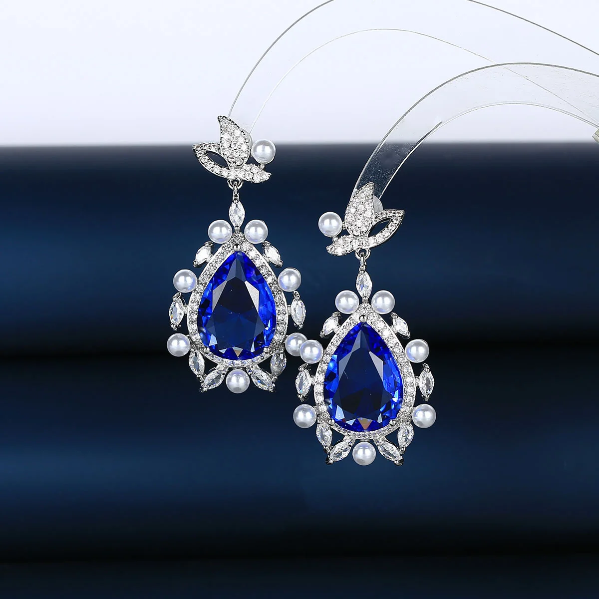 

925 Silver Needle Blue Teardrop Gemstone & Pearl Halo Drop Earrings, Silver Tone Fashion Jewelry for Women Daily Party Wear