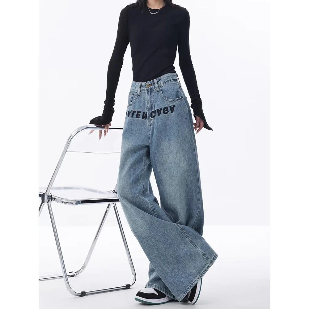 Jean ample brodé bleu à jambes larges pour femmes, pantalon de sol décontracté, taille haute, en Denim, printemps Faion