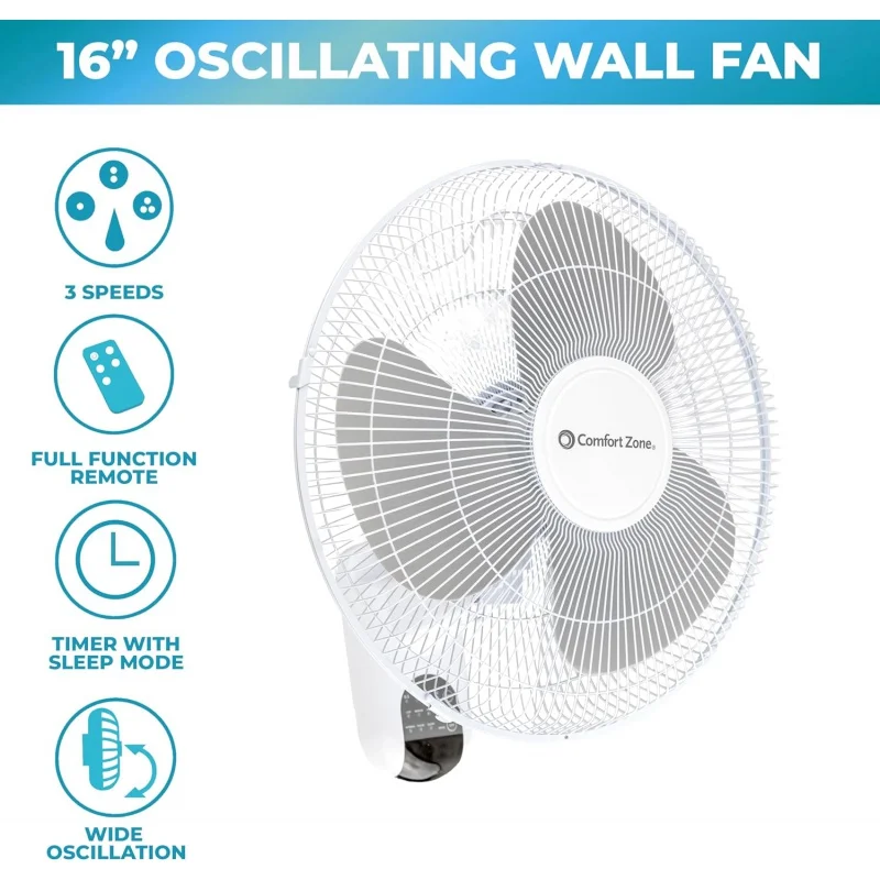 مروحة تتأرجح مثبتة على الحائط مع جهاز تحكم عن بعد ، مؤقت ، إيقاف ، إمالة قابلة للتعديل ، هادئة ، مثالية للمنزل ، 16 بوصة ، 3 سرعات