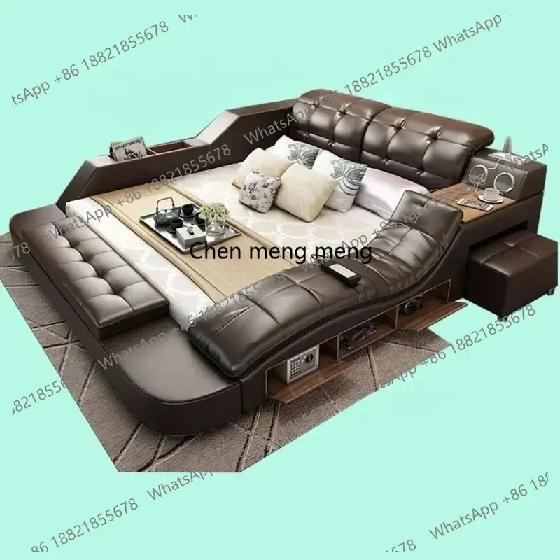 E136  multifunction storage bed with massage music design of leather bed solid wood frame tatami factory wholesale