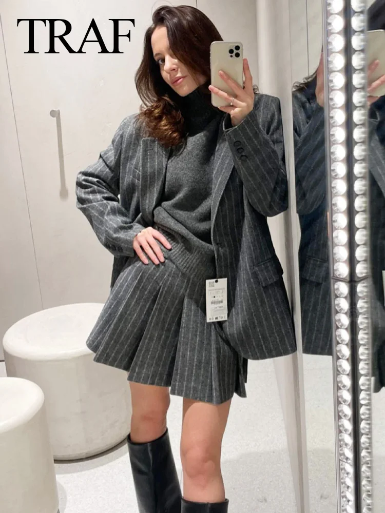 TRAF 2024 New Fashion Vintage Female Chic Grey Striped Blazer Women Casual Loose Outerwear Long Sleeve Coat+ A Line Skirt Sets