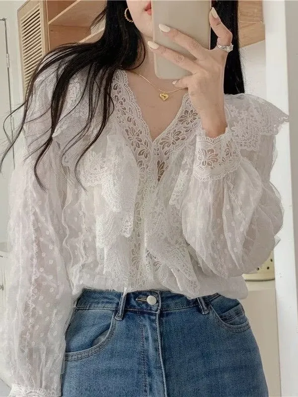 Elegant Ladylike Lace Shirt V-Neck Long Sleeve Spring 2026 Women's Fashion Straight Cut Chiffon Blouse Stylish Top