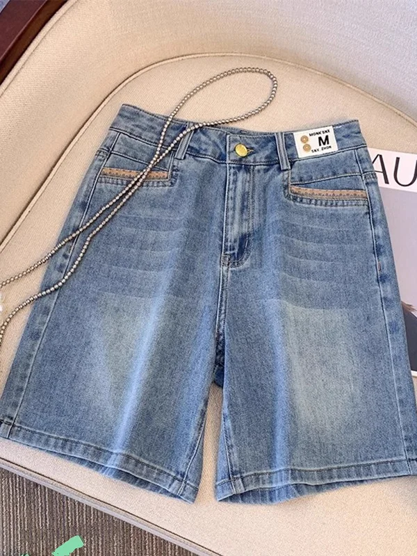 

Джинсовые шорты с высокой талией и широкими штанинами для женщин, летние, свободные, прямого кроя, повседневные, длиной до колена