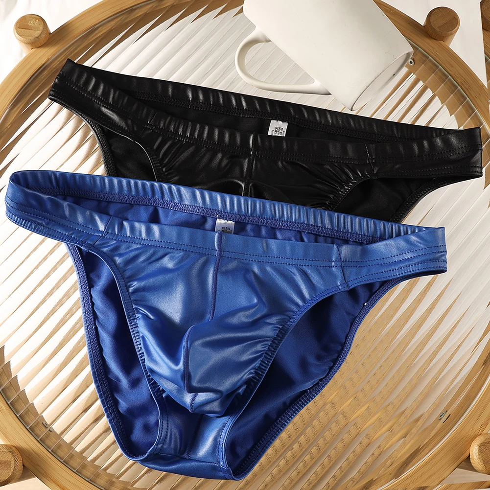 

Men Faux Leather Sexy Underwear For Man Briefs Low Waist Bulge Pouch Very Hot Lingerie Men's Panties Slight Strech Solid Thongs