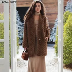 Winter Coffee Embossing Wave Strip Pattern Faux Mink Fur Coat CHIC Women V neck Full Sleeve Loose Midi Long Outerwear Beige