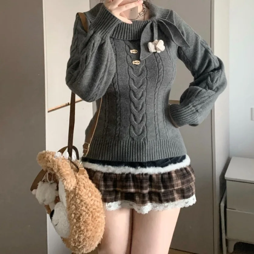 Japanese Cute Sweet Girls Bow Sweater Woman Fashion Pullover Elegant Knitwears Autumn Winter Lady Waist Slimmings Knitted Tops