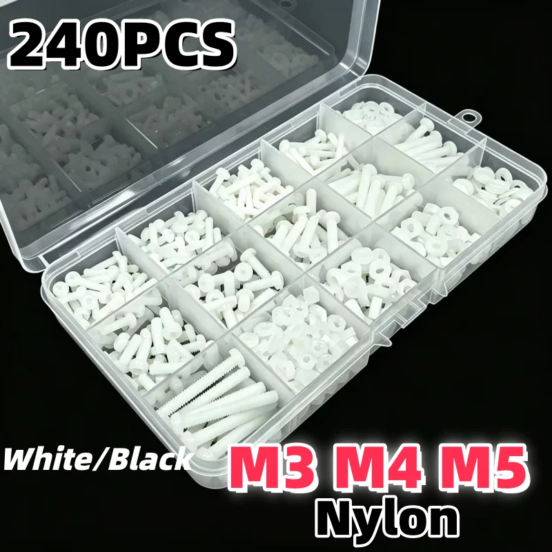 M3 M4 M5 White Black Nylon Screw Nut Washer Sets Phillips Insulated Pan Head Cross Round Screw Bolt Nut Set Box