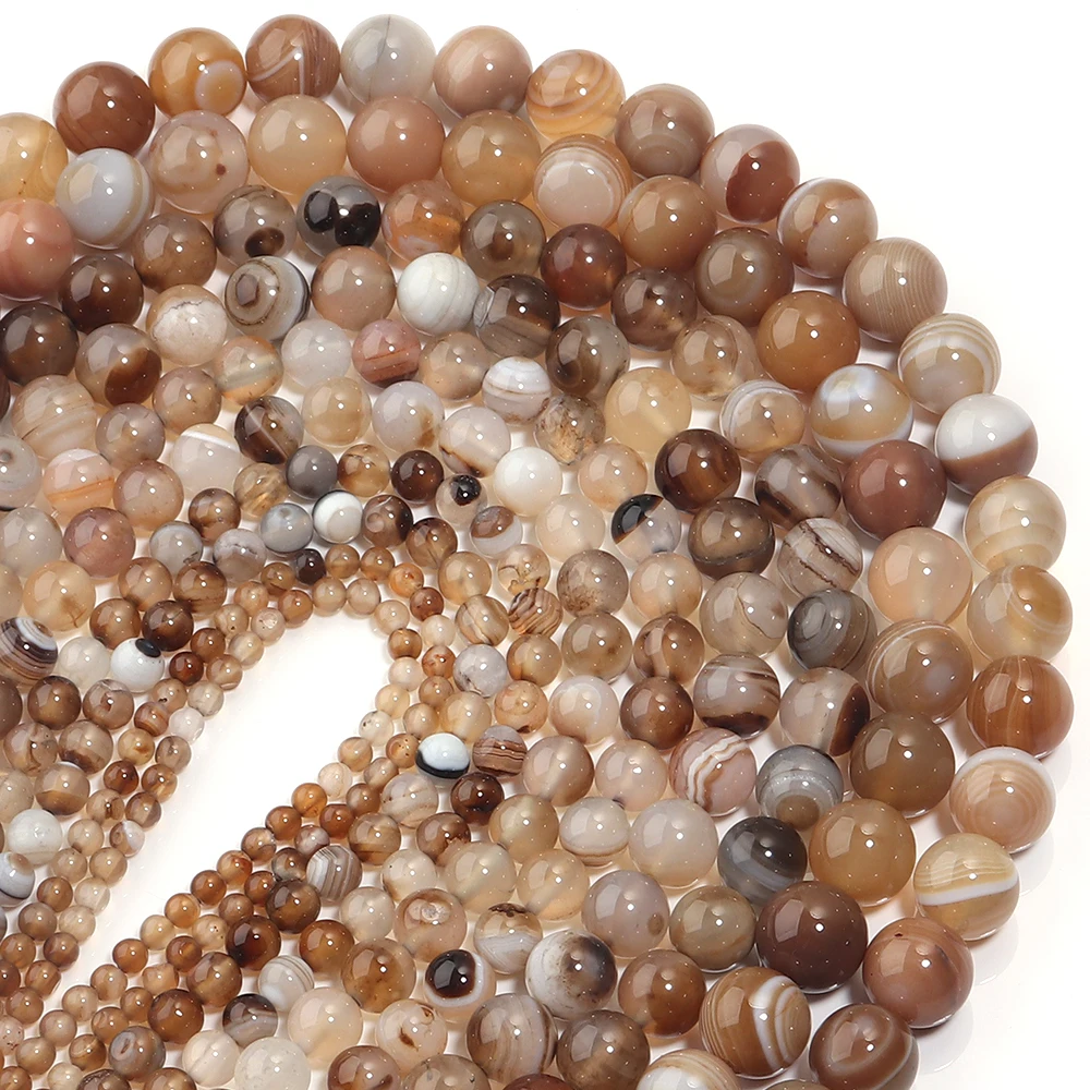 Jewelry Making Gemstones - ลูกปัดหินอาเกตลายทางสีน้ำตาลอ่อน ขนาด 6/5/8/10/12 มม. ลูกปัดหินธรรมชาติแบบหลวมสำหรับงานประดิษฐ์เครื่องประดับ DIY