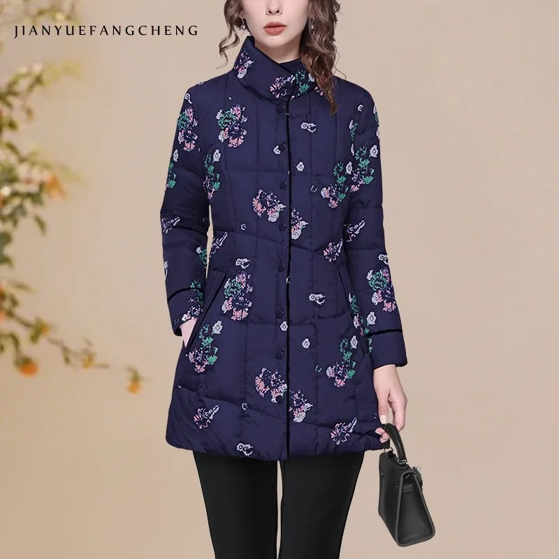 أزياء الأزهار المطبوعة عالية الرقبة تطول المرأة بطة أسفل سترة دافئة خفيفة الوزن الشتاء سترات مبطنة يندبروف #2