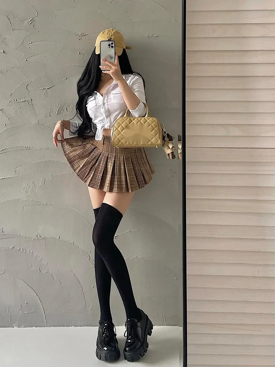 French Retro School Sweet Girl Costume Belt Casual Checkered Pleated Skirt Short Fashion Skirt Korean Style Trendy Clothes S5CV