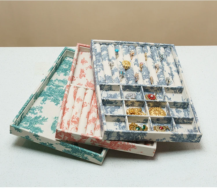 

Retro Printed linen Jewelry organizer Tray Necklace Bracelet Storage Box Ring Ear Stud Collection Tray Jewelry Store Decoration
