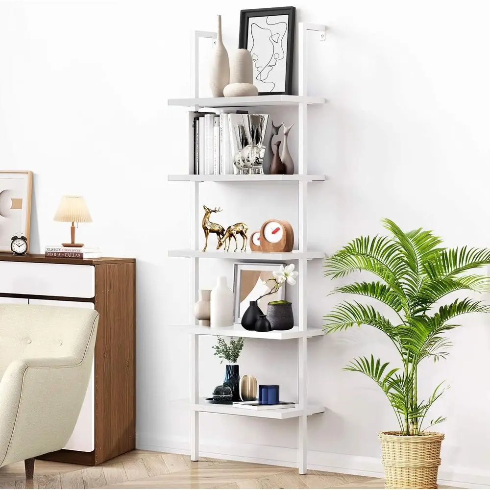 

Industrial Style Wall-Mounted 5-Tier Metal Pipe Bookshelf - Open Storage for Home or Office (White)