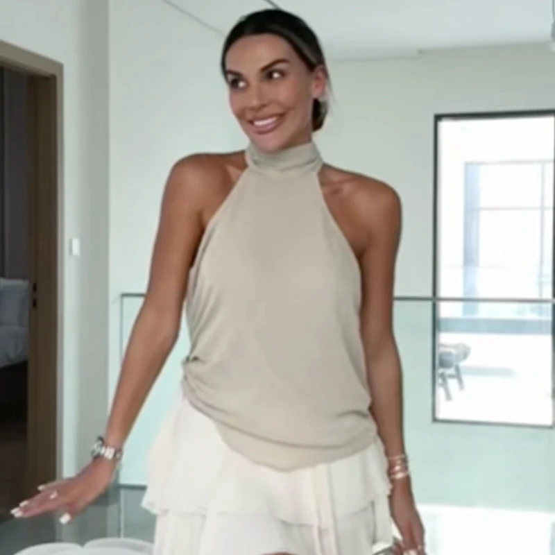 HXAO クロップド ホルターネック トップス レディース 秋 2025 セクシー タンク＆キャミソール レースアップ ノースリーブ バックレス メタリック糸 タンクトップ リゾート ベスト