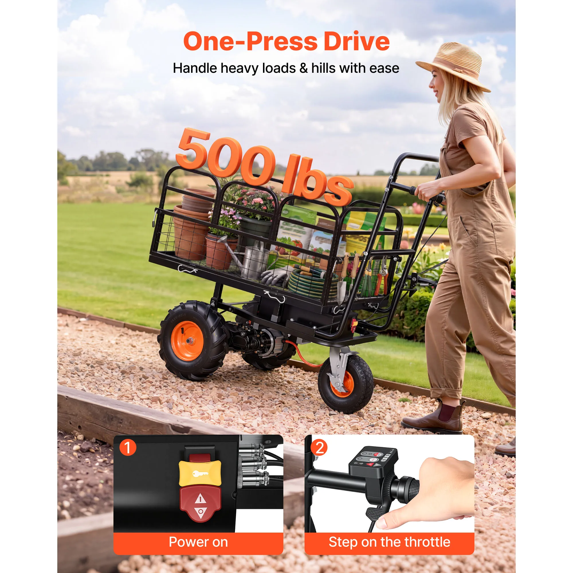 Electric Utility Cart, 36V 432Wh Battery Powered Electric Wagon, 500W Power Wheelbarrow with Brake, 500 lbs Load Heavy-Duty Steel Garden Cart for Farm and Yard All Purpose Modular Cargo Bed