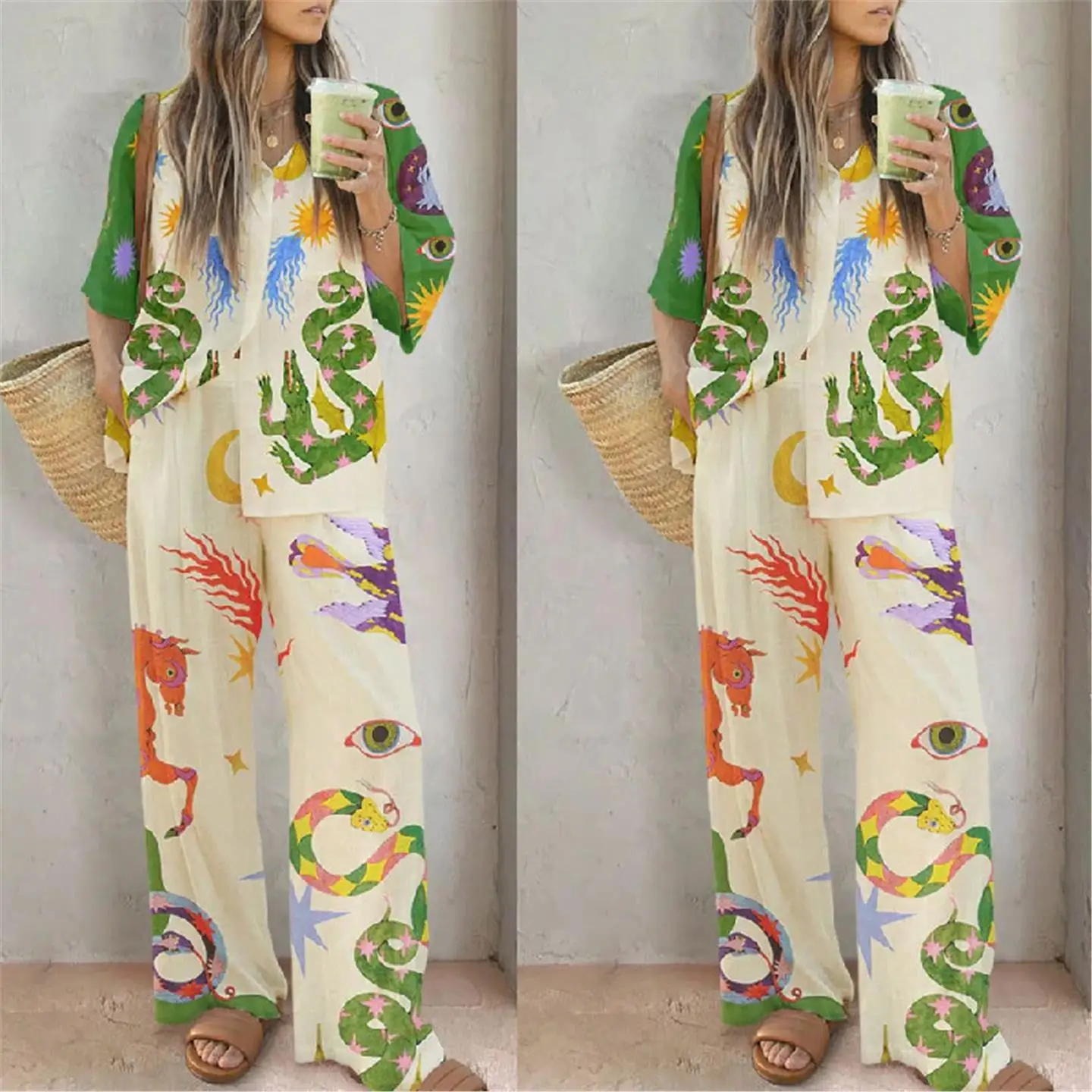 ファッショナブルなコットンリネンプリントのトップスとパンツのセット、カジュアルレトロな女性用服、ミッドウエスト、ローウエスト、PVC素材