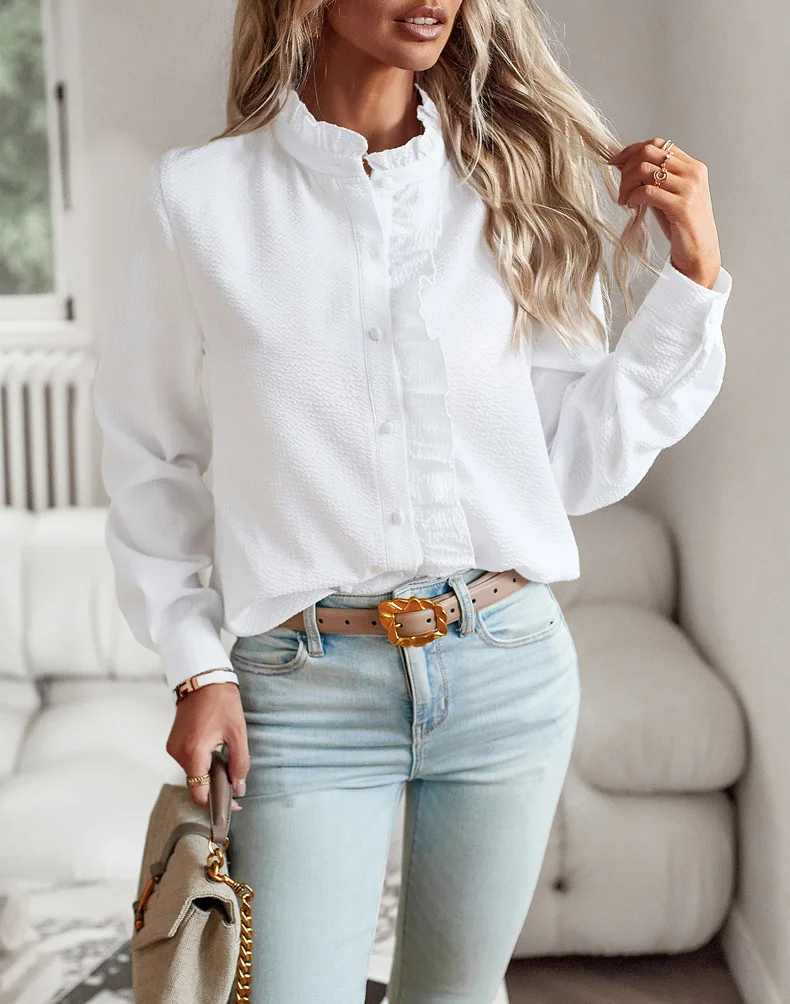 Autumn Ruffles Long Sleeve Shirts For Women 2024 Fashion Casual Solid Button Shirt Blouse Office Elegant White Loose Blusa Tops