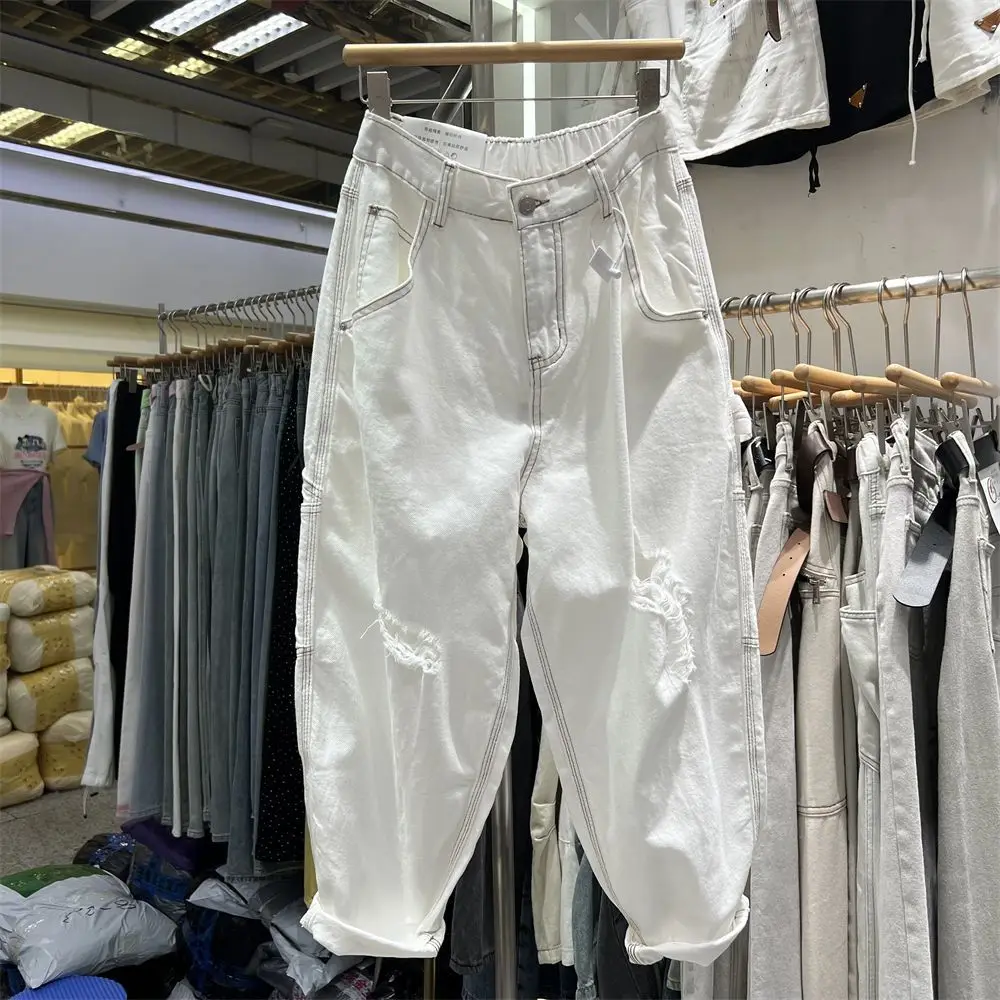 

Thin Hole White Casual All Match Jeans for Women in Summer, New Elastic Waisted Loose Nine Inch Harem Pants, Dad Pants