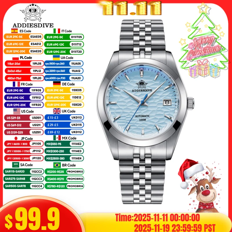 ساعة Addiesdive للرجال 10Bar مقاومة للماء AD2118 حزام اليوبيل زجاج الياقوت NH35A ساعة ميكانيكية أوتوماتيكية Reloj Hombre
