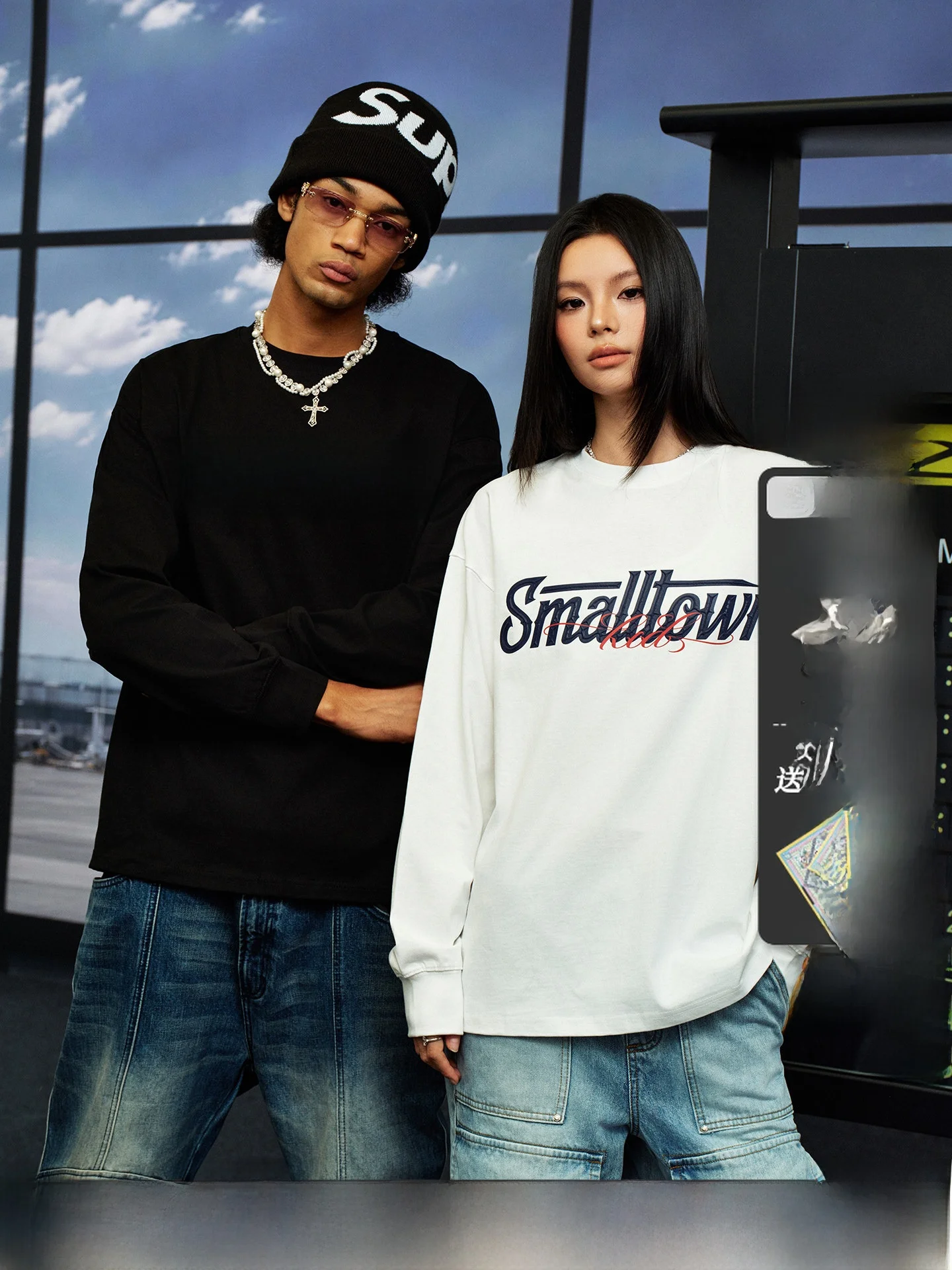 STK SmallTownKid Street Style Long Sleeve T-Shirt Letter Print Floral Script Loose Fit Cotton Comfortable Breathable Top