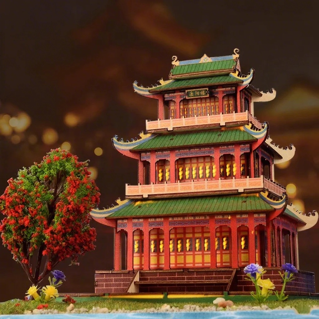 3D Wooden Chinese Yueyang Pavilion Model Kit Tang to Modern Dynasty Style DIY Architectural Display for Miniature Diorama Craft