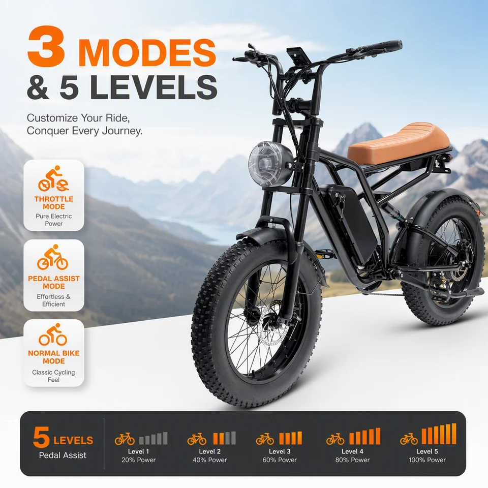 750W Fat Tire Electric Bike for Adults, 48V 15.6Ah E-Bike with 3 Riding Modes & 5 PAS Levels, Shimano 7-Speed, Full Suspension, E-ABS Brakes, 20"x4" Retro All-Terrain Electric Bicycle (50km Range) image 7
