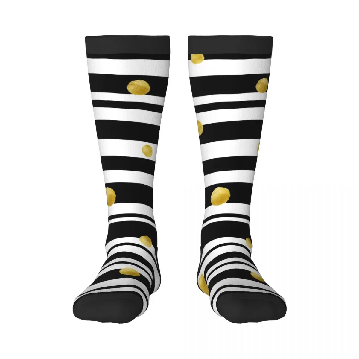 Over Knee Long Socks Gold Polka Dot Back White Stripe Pattern Thigh High Stockings Street Party Cosplay Hosiery