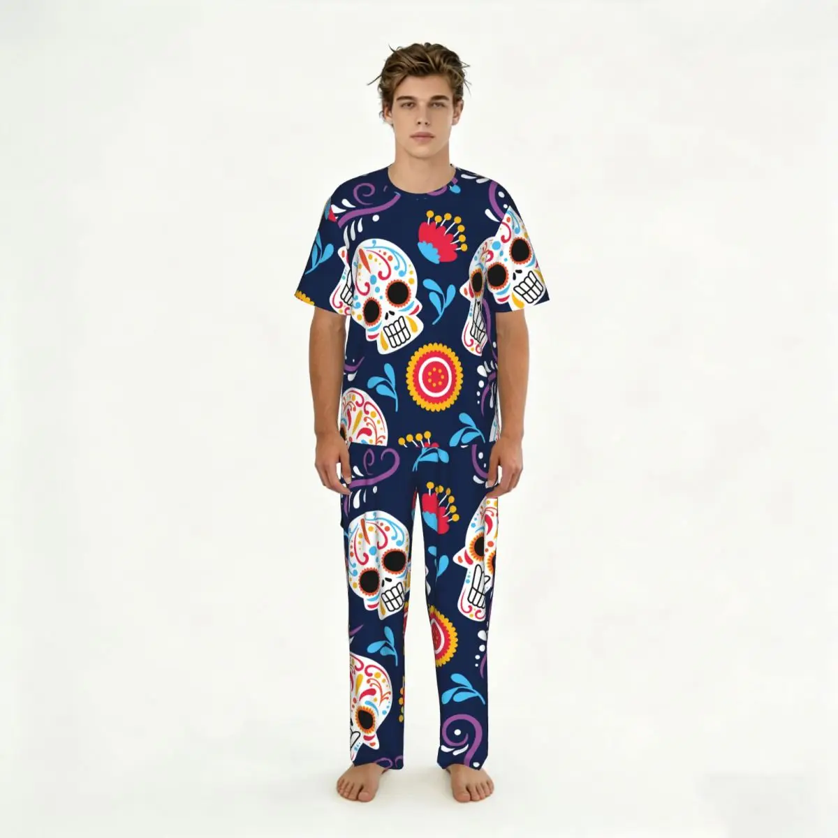Men Pajamas Set Colorful Day Of The Dead Skull Short Sleeve Spring Summer Lounge Sleepwear Male Nightwear