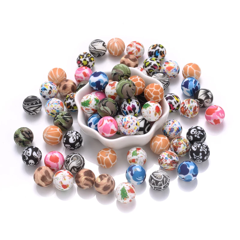 10Pcs 15mm Colorful Print Leopard Pattern Silicone Beads Ball Shape Teething Jewelry Beads For Teether Pacifier Chain Necklace