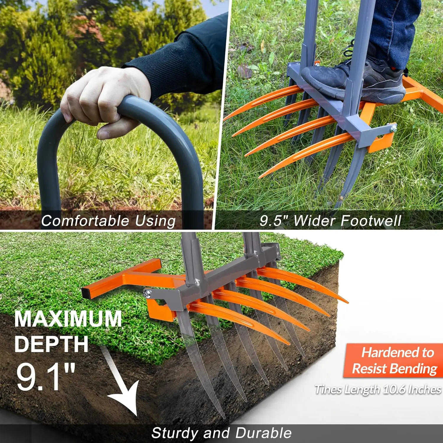 Broadfork Garden Tool, 9 Tines Heavy Duty Broad Fork Hand Tiller, 2-in-1 Garden Pitchfork with Ergonomic U-Shaped Handle
