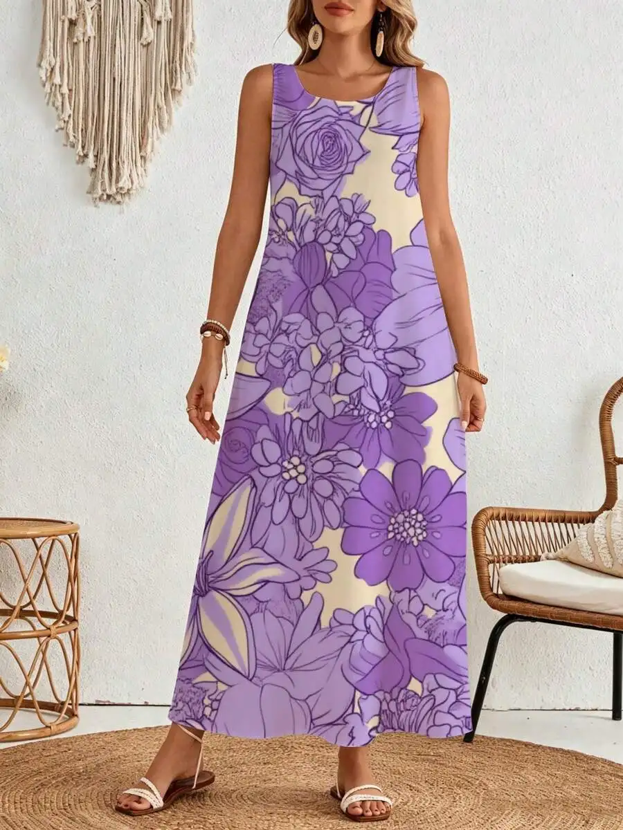 

Purple And Cream Floral Maxi Dress Summer Beach Vacation Wear Womens Botanical Pattern