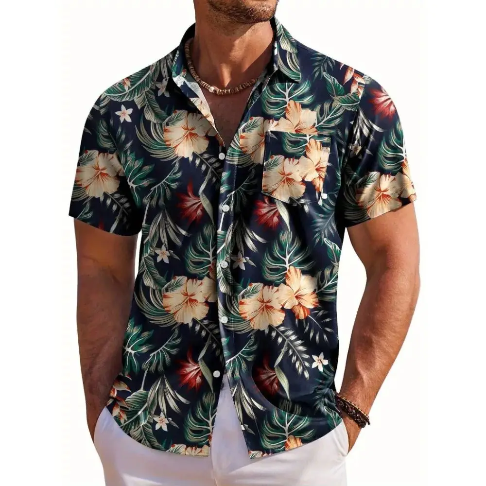 Men's Hawaiian Botanical Flower Print Lap Short Sve Shirt Special Wide Fit Fleece Lined Thickened  Collar Nine Sleeve Length