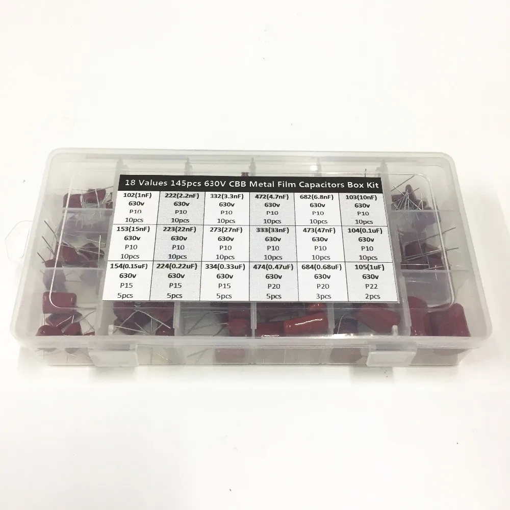 18values 145pcs 630V 1nF~1uF (102~105) CBB metal film capacitors Assortment Kit Box