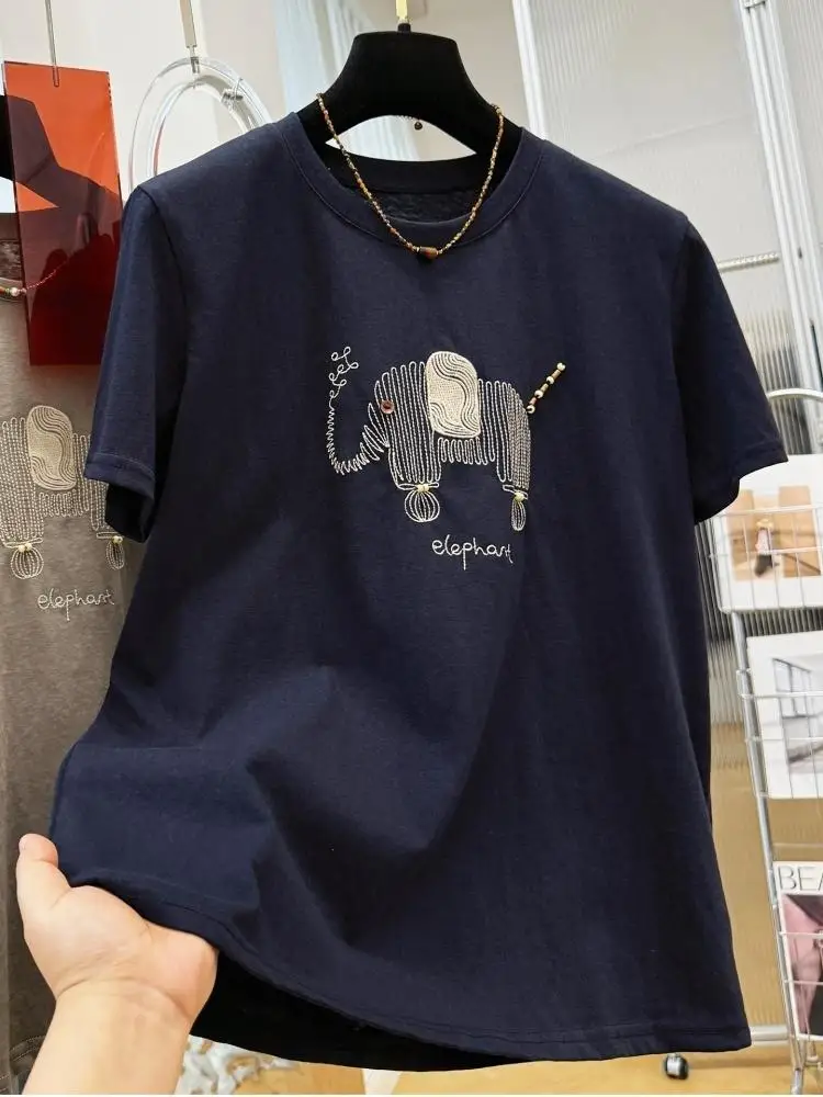 2026 Summer Women High-end Heavy Embroidery Cartoon T-shirt Youthful Trendy Pretty Short Sleeve Casual Daily Tops