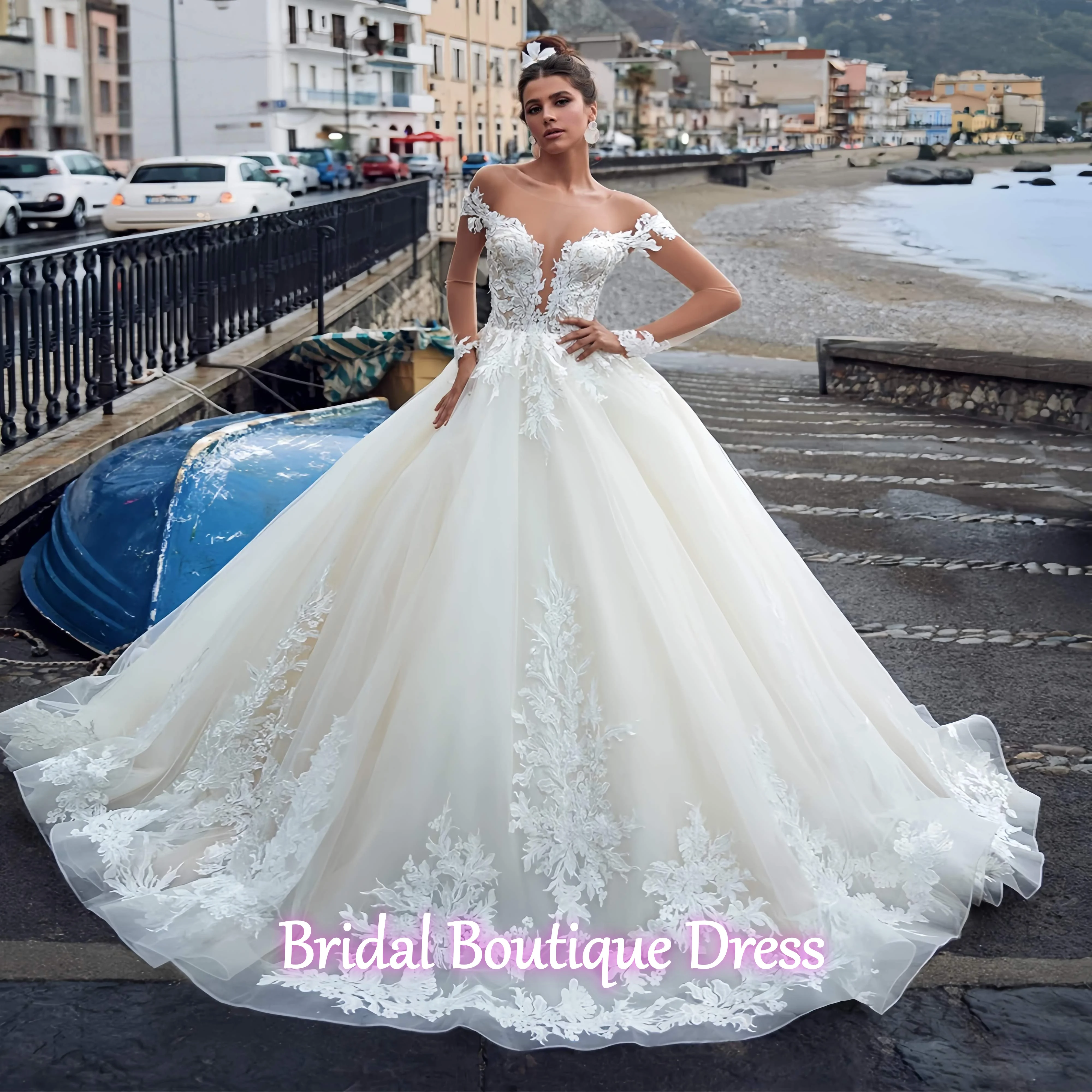 

Изысканное свадебное платье с аппликацией из кружева, сексуальный V-образный вырез, длинные рукава, пуговицы, фасон А-силуэт, со шлейфом, Vestido De