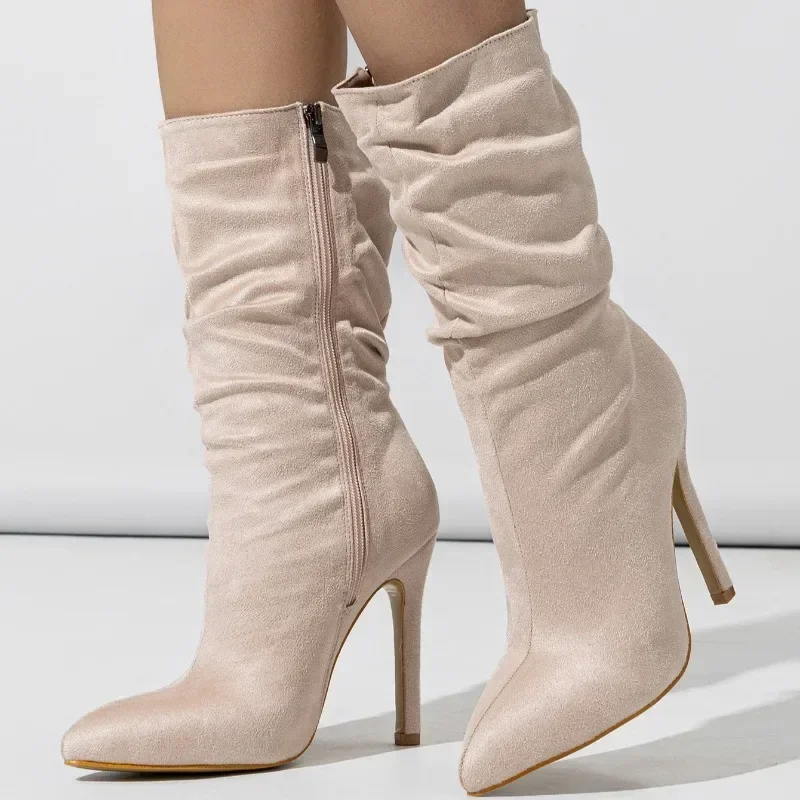 Botas hasta el tobillo con cremallera para Mujer, tacones de aguja plisados a la moda, zapatos Chelsea para fiesta de graduación, Botas cortas para Mujer 2024