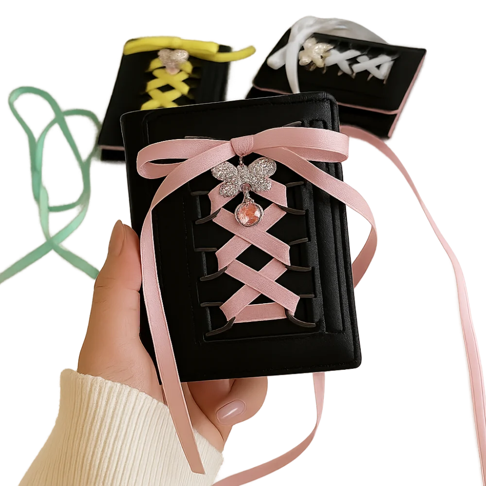 Korean Style Balletcore Three Fold Wallet Silk Ribbon Short Bow Cash Purse Bag Heart Crystal PU Leather