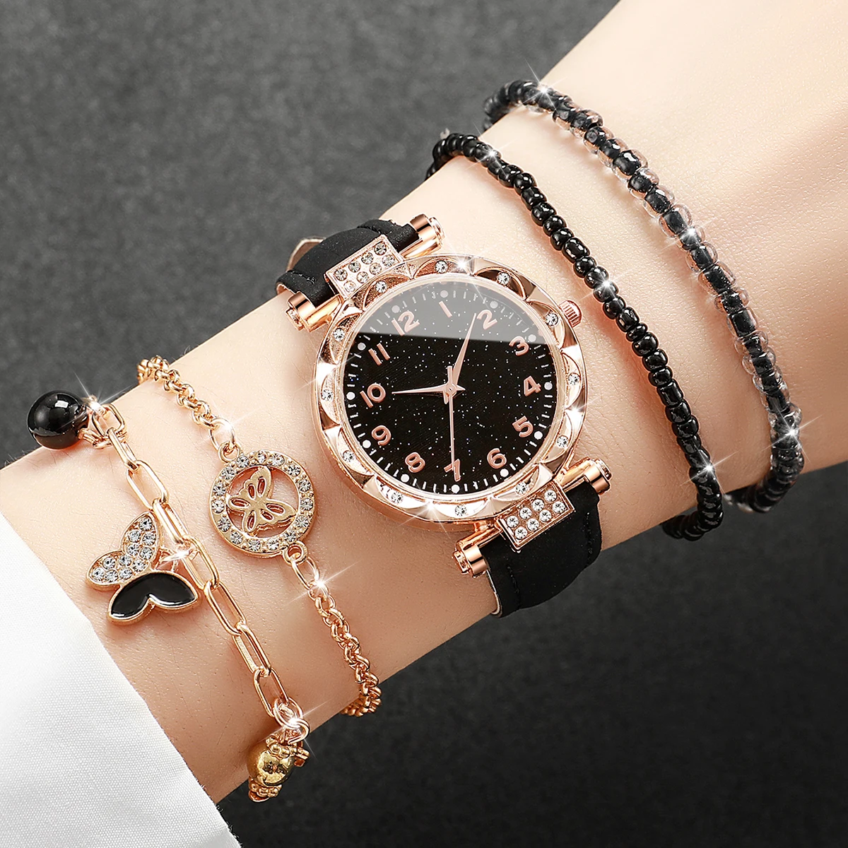 5PCs/Set Women Fashion Watch Butterfly Bracelet Set Black Leather Strap Quartz Watch