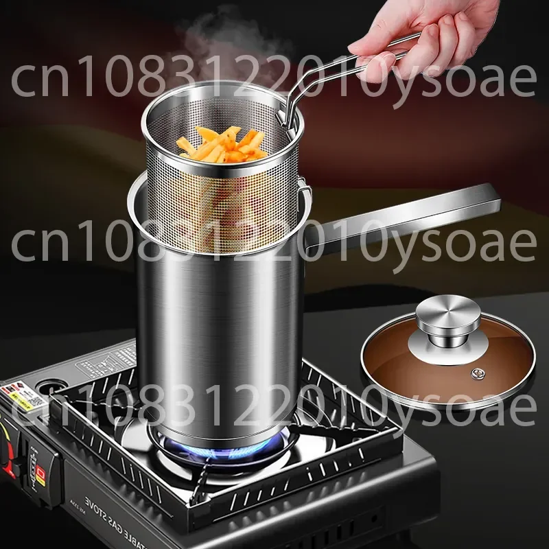 304 Stainless Steel Fryer Household Small Fryer with Filter Heightened and Deepened Oil-saving Tempura Pan